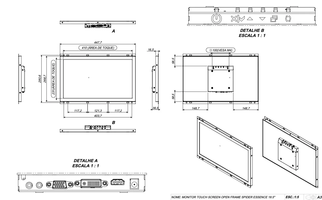 MONITOR OPEN FRAME TOUCH SCREEN RESISTIVO 18.5" FULL HD IPS - SPIDER ESSENCE-4851
